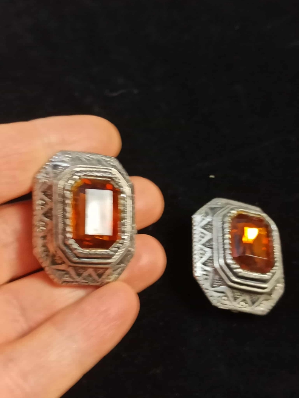 Vintage 80’s Amber Faceted Glass Statement Earrings Silver Tone Heavy Art Deco - Picture 2 of 11
